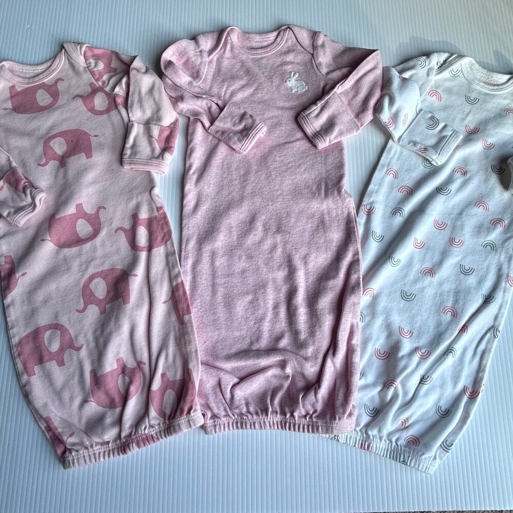 3 NB Newborn 0M Gowns Carter's Pink Elephant Rabbit Rainbow Soft Simple Joys